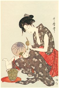 Kitagawa Utamaro – Peeling a Peach [from Utamaro – Ukiyoe meisaku senshū I]. Free illustration for personal and commercial use.