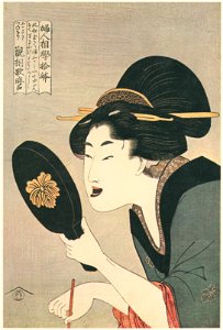 Kitagawa Utamaro – Ten Physiognomic Aspects of Women: Dyeing the Teeth [from Utamaro – Ukiyoe meisaku senshū I]. Free illustration for personal and commercial use.