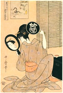 Kitagawa Utamaro – Ohisa of Takashimaya with Two Mirrors Set Against Each Other [from Utamaro – Ukiyoe meisaku senshū I]. Free illustration for personal and commercial use.