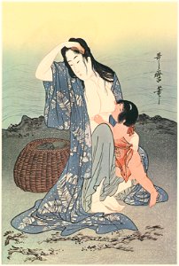 Kitagawa Utamaro – Diving for Abalones (Center) [from Utamaro – Ukiyoe meisaku senshū I]. Free illustration for personal and commercial use.