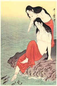 Kitagawa Utamaro – Diving for Abalones (Left) [from Utamaro – Ukiyoe meisaku senshū I]. Free illustration for personal and commercial use.
