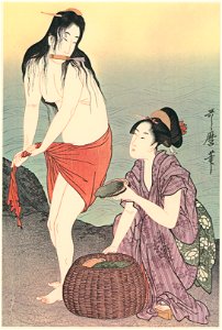 Kitagawa Utamaro – Diving for Abalones (Right) [from Utamaro – Ukiyoe meisaku senshū I]. Free illustration for personal and commercial use.