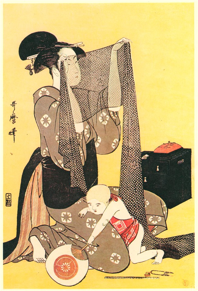 Kitagawa Utamaro – Needlework [from Utamaro – Ukiyoe meisaku senshū I]. Free illustration for personal and commercial use.