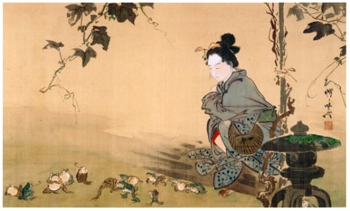 Kawanabe Kyōsai – Beauty Watching Frogs at Play [from Kyosai: master painter and his student Josiah Coder]