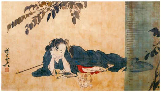 Kawanabe Kyōsai – Reclining Beauty and Cat [from Kyosai: master painter and his student Josiah Coder]. Free illustration for personal and commercial use.