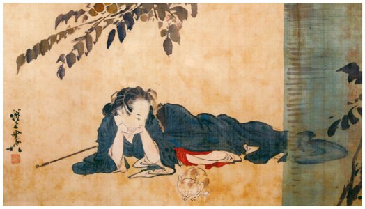 Kawanabe Kyōsai – Reclining Beauty and Cat [from Kyosai: master painter and his student Josiah Coder]