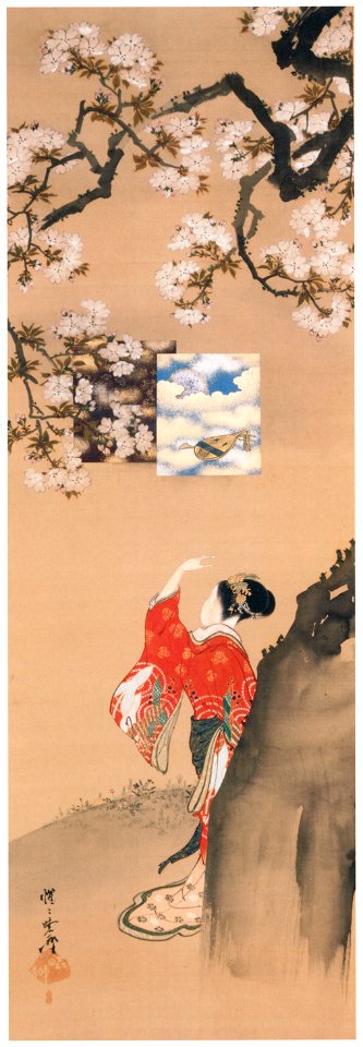 Kawanabe Kyōsai – Benzaiten Viewing Cherry Blossoms, from the Parody of the Seven Gods of Good Fortune series [from Kyosai: master painter and his student Josiah Coder]