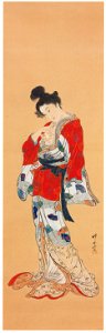 Kawanabe Kyōsai – Beauty Holding a Cat [from Kyosai: master painter and his student Josiah Coder]. Free illustration for personal and commercial use.