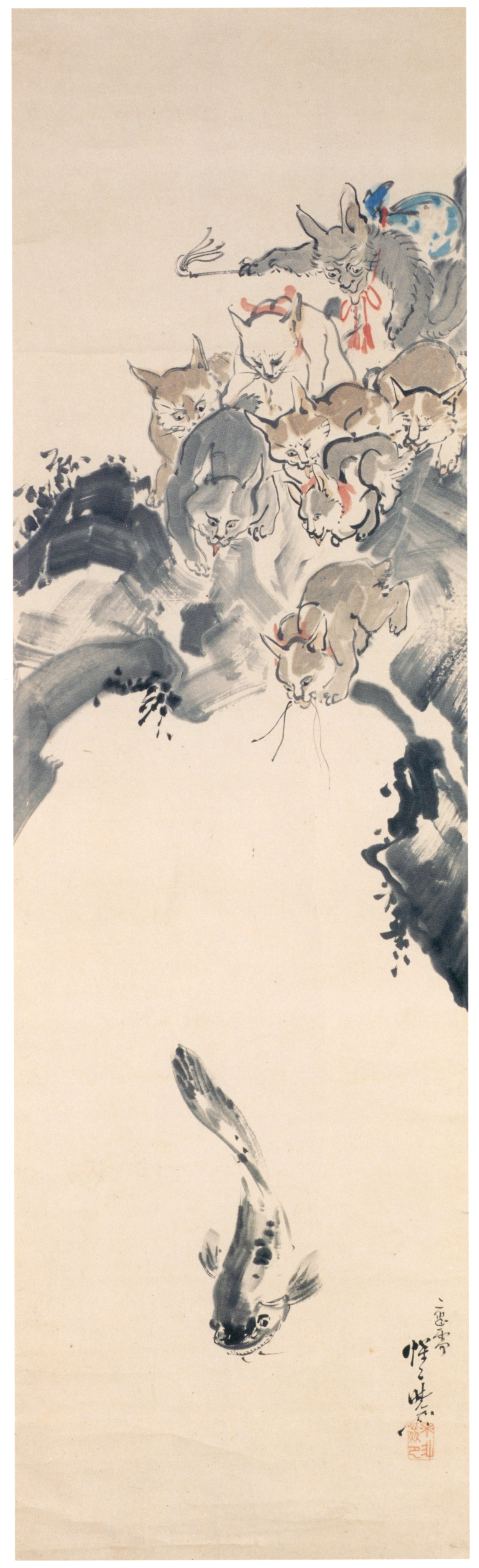 Kawanabe Kyōsai – Cats Catching a Catfish [from Kyosai: master painter and his student Josiah Coder]
