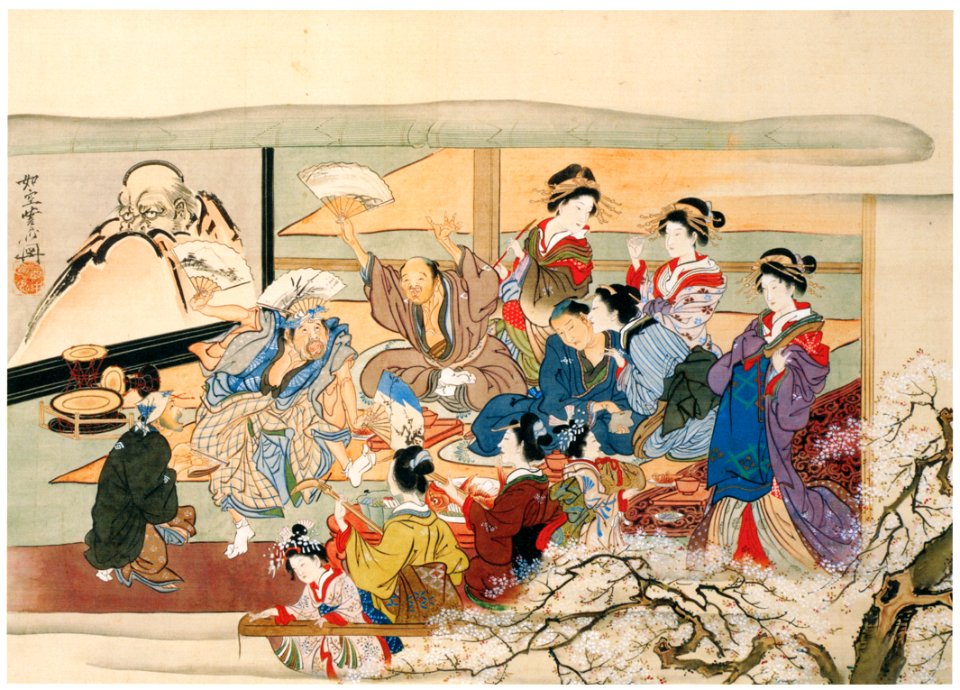 Kawanabe Kyōsai – Party in the Yoshiwara Pleasure Quarters [from Kyosai: master painter and his student Josiah Coder]. Free illustration for personal and commercial use.