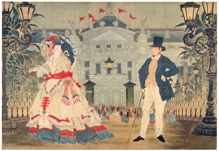 Kawanabe Kyōsai – “In Front of the Paris Opera” in “The Strange Tale of the Castaways: A Western Kabuki” by Mokuami Kawatake [from Kyosai: master painter and his student Josiah Coder]. Free illustration for personal and commercial use.