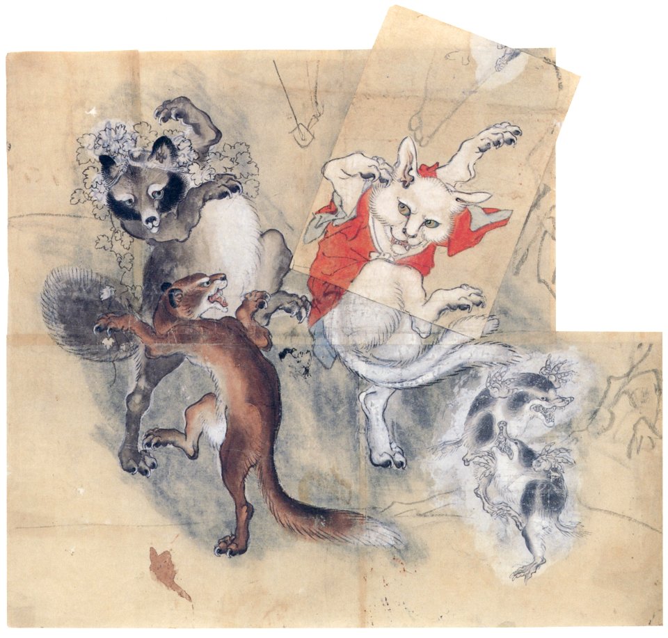 Kawanabe Kyōsai – Frolicking Animals, Nekomata and Tanuki Badger [from Kyosai: master painter and his student Josiah Coder]. Free illustration for personal and commercial use.