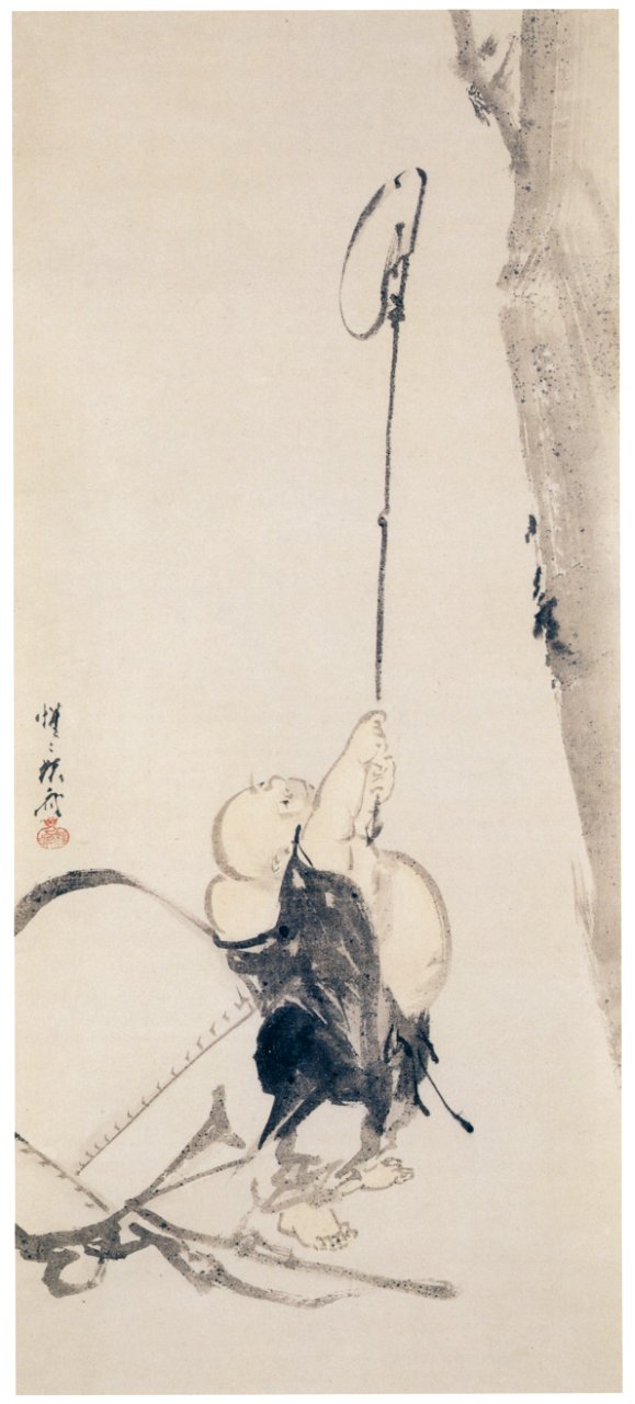 Kawanabe Kyōsai – Hotei Catching a Cicada [from Kyosai: master painter and his student Josiah Coder]