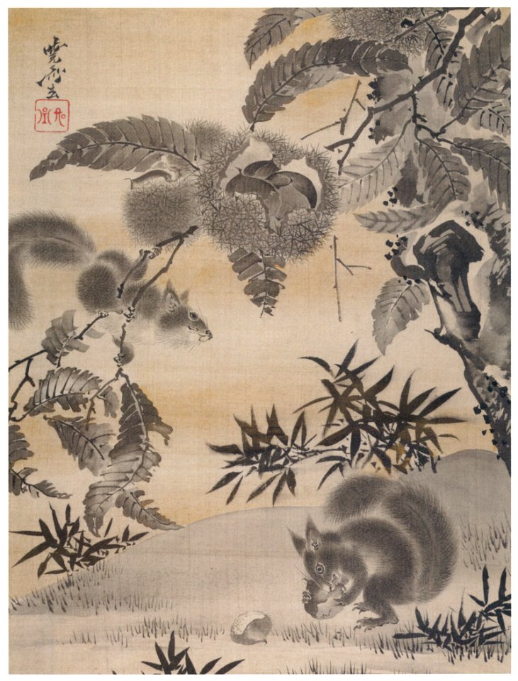 Kawanabe Kyōsai – Squirrels Gathering Chestnuts [from Kyosai: master painter and his student Josiah Coder]