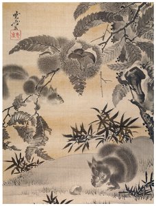Kawanabe Kyōsai – Squirrels Gathering Chestnuts [from Kyosai: master painter and his student Josiah Coder]. Free illustration for personal and commercial use.