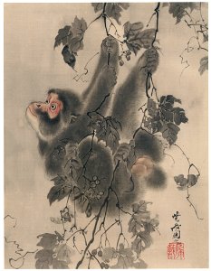 Kawanabe Kyōsai – Monkey Hanging from Grapevines [from Kyosai: master painter and his student Josiah Coder]. Free illustration for personal and commercial use.