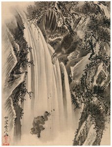 Kawanabe Kyōsai – Waterfall, Eagle and Monkey [from Kyosai: master painter and his student Josiah Coder]. Free illustration for personal and commercial use.