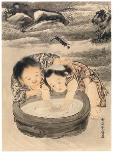 Kawanabe Kyōsai – Two Children Playing with Goldfish [from Kyosai: master painter and his student Josiah Coder]. Free illustration for personal and commercial use.