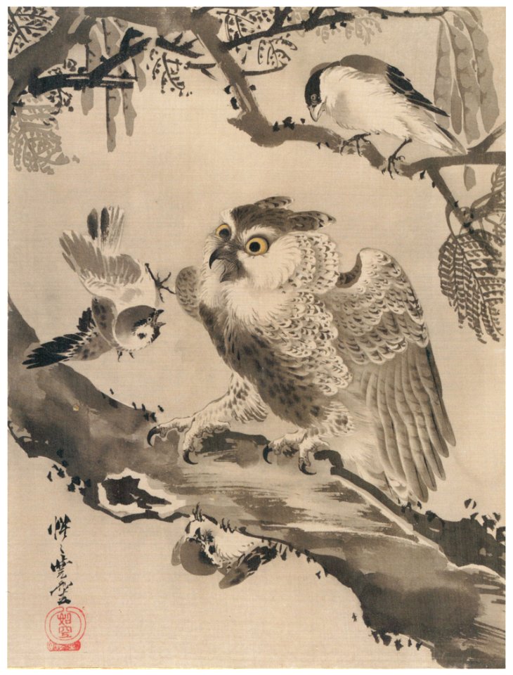 Kawanabe Kyōsai – Owl Mocked by Small Birds [from Kyosai: master painter and his student Josiah Coder]
