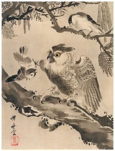 Kawanabe Kyōsai – Owl Mocked by Small Birds [from Kyosai: master painter and his student Josiah Coder]. Free illustration for personal and commercial use.