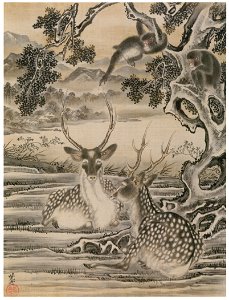 Kawanabe Kyōsai – Deer and Monkeys [from Kyosai: master painter and his student Josiah Coder]. Free illustration for personal and commercial use.