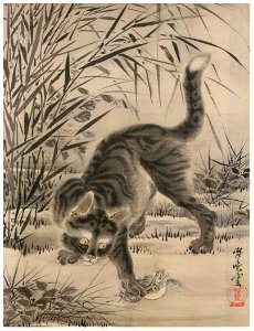 Kawanabe Kyōsai – Cat Catching a Frog [from Kyosai: master painter and his student Josiah Coder]. Free illustration for personal and commercial use.