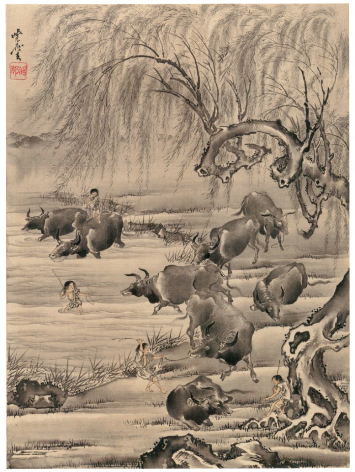 Kawanabe Kyōsai – Buffaloes and Herdsmen [from Kyosai: master painter and his student Josiah Coder]. Free illustration for personal and commercial use.