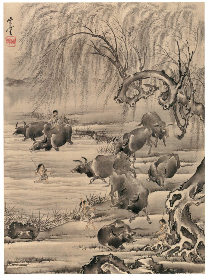 Kawanabe Kyōsai – Buffaloes and Herdsmen [from Kyosai: master painter and his student Josiah Coder]