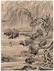 Kawanabe Kyōsai – Buffaloes and Herdsmen [from Kyosai: master painter and his student Josiah Coder]. Free illustration for personal and commercial use.