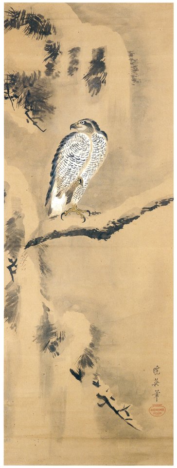 Josiah Conder – Hawk in Snow [from Kyosai: master painter and his student Josiah Coder]. Free illustration for personal and commercial use.