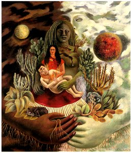 Frida Kahlo – The Love Embrace of the Universe, the Earth (Mexico), Myself, Diego, and Señor Xolotl [from Women Surrealists in Mexico]. Free illustration for personal and commercial use.