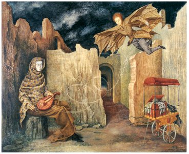 Remedios Varo – Magic Flight [from Women Surrealists in Mexico]. Free illustration for personal and commercial use.