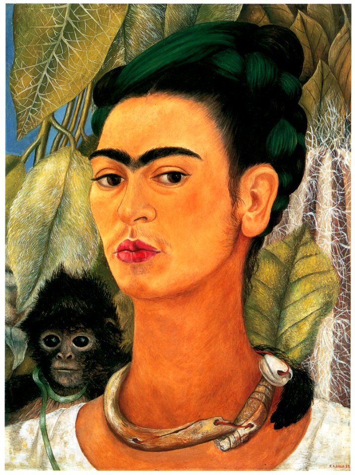 Frida Kahlo – Self-portrait with Monkey [from Women Surrealists in Mexico]. Free illustration for personal and commercial use.