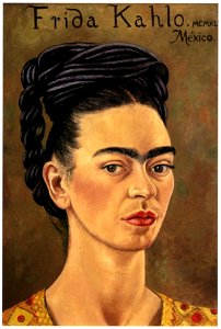 Frida Kahlo – Self-portrait with Red and Gold Dress [from Women Surrealists in Mexico]. Free illustration for personal and commercial use.