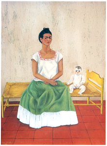 Frida Kahlo – Self-portrait with Bed [from Women Surrealists in Mexico]. Free illustration for personal and commercial use.