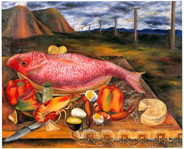 María Izquierdo – Still Life with Red Snappers [from Women Surrealists in Mexico]. Free illustration for personal and commercial use.