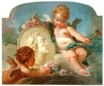 François Boucher – Putti presentant un médaillon avec le portrait de Louis XV [from Three Masters of French Rocco]. Free illustration for personal and commercial use.