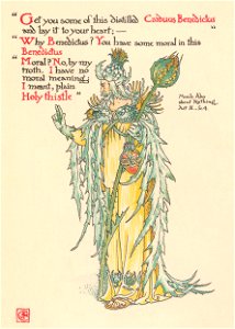 Walter Crane – Get you some of this distilled Carduus Benedictus, and lay it to your heart; – Why Benedictus? You have some moral in this Benedictus Moral! No, by my troth, I have no moral meaning. I meant. plain Holy Thistle (Much Ado About Nothing) [from Flowers from Shakespeare’s Garden]. Free illustration for personal and commercial use.