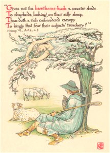 Walter Crane – Gives not the hawthorn-bush a sweeter shade To shepherds looking on their silly sheep, Than doth a rich embroider’d canopy To kings that fear their subjects’ treachery? (3 Henry VI) [from Flowers from Shakespeare’s Garden]. Free illustration for personal and commercial use.