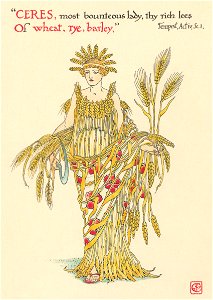 Walter Crane – CERES, most bounteous lady, thy rich leas Of wheat, rye, barley, (The Tempest) [from Flowers from Shakespeare’s Garden]. Free illustration for personal and commercial use.