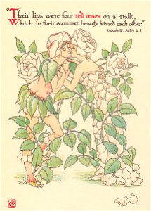 Walter Crane – Their lips were four red roses on a stalk, Which in their summer beauty kiss’d each other. (RICHARD III) [from Flowers from Shakespeare’s Garden]. Free illustration for personal and commercial use.