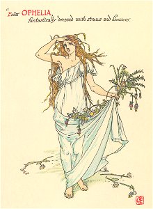 Walter Crane – Enter Ophelia, fantastically dressed with straws and flowers. (Hamlet) [from Flowers from Shakespeare’s Garden]. Free illustration for personal and commercial use.