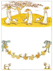 Kate Greenaway – LITTLE GIRLS AND LITTLE LAMBS [from Marigold Garden]. Free illustration for personal and commercial use.
