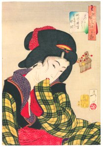 Tsukioka Yoshitoshi – Looks Coy’ Mannerisms of a Girl in the Meiji Period [from Thirty-two Aspects of Women]. Free illustration for personal and commercial use.