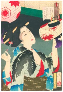 Tsukioka Yoshitoshi – Looks Observant’, Mannerisms of Kyoto Waitress from Meiji Period [from Thirty-two Aspects of Women]. Free illustration for personal and commercial use.