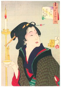 Tsukioka Yoshitoshi – Looks Thirsty’, Mannerisms of a Geisha (Known as Sake Servers) from the Ansei Period [from Thirty-two Aspects of Women]. Free illustration for personal and commercial use.