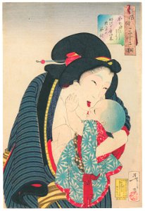 Tsukioka Yoshitoshi – Looks Adorable’, Mannerisms of a Housewife after 1877 [from Thirty-two Aspects of Women]. Free illustration for personal and commercial use.