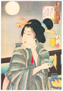 Tsukioka Yoshitoshi – Looks Delicious’, Mannerisms of a Courtesan from the Kaei Period [from Thirty-two Aspects of Women]. Free illustration for personal and commercial use.