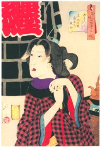 Tsukioka Yoshitoshi – Looks Impatient’, Mannerisms of a Fireman’s Wife from the Kaei Period [from Thirty-two Aspects of Women]. Free illustration for personal and commercial use.