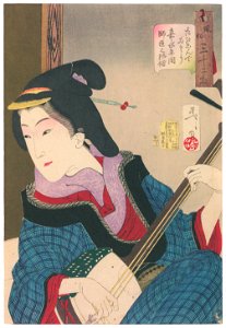 Tsukioka Yoshitoshi – Looks Amused’, Mannerisms of a Music Teacher from the Kaei Period [from Thirty-two Aspects of Women]. Free illustration for personal and commercial use.